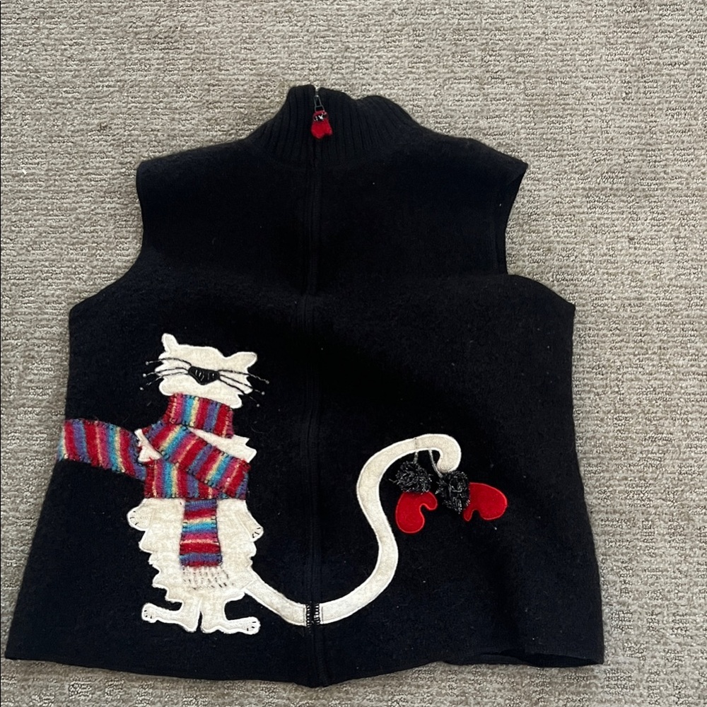 Coldwater Creek Black Sweater Vest with Cat Design